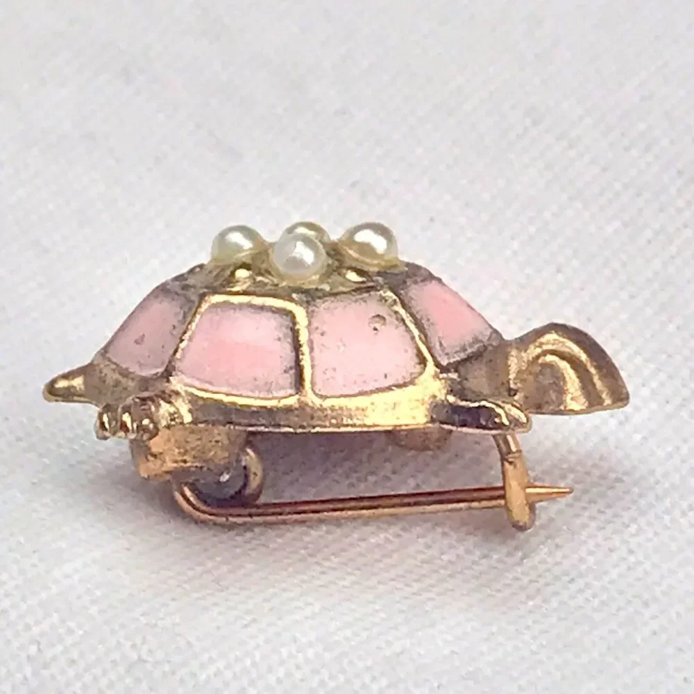 Turtle Pin Brooch Fancy Shell Enamel Jeweled Vintage